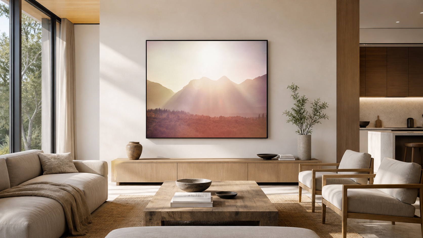 Bright modern living room with dreamy mountain light landscape print by Dan Sproul — black float frame above credenza